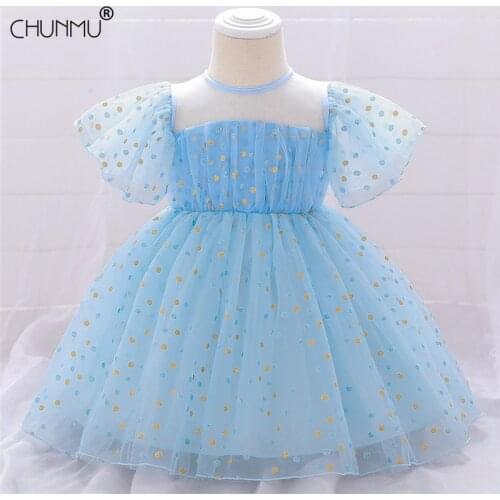 Flower Baby Girl Dress Elegant Sequin Dots First Year Birthday Party Wedding Dress For Girl Princess Baptism Dresses Kid Clothes