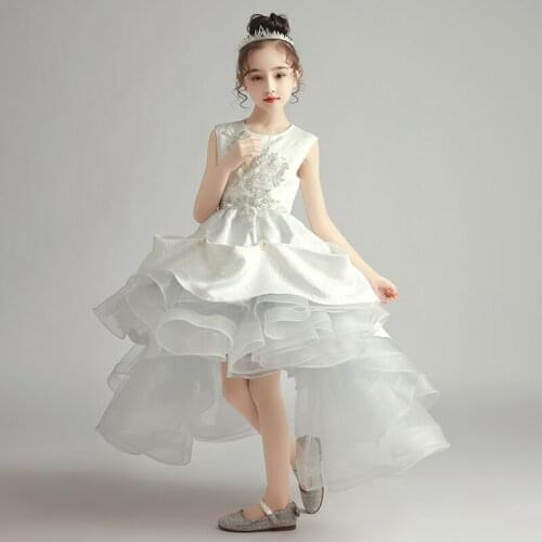 Flower Girl Dresses Illusion Ruched Embroidery O-Neck Sleeveless Princess Knee-Length Luxury White Lovely Kids Party Gown H364