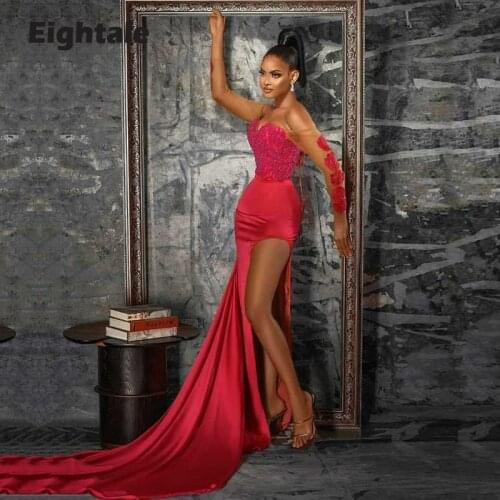 Eightale Arabic Evening Dresses Red Sweetheart Appliques Beaded Long Sleeves Off Shoulder Mermaid Prom Gown Party Dress