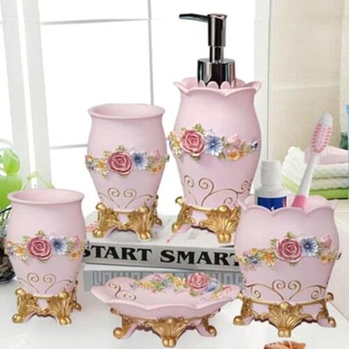 Wedding Gift Bathroom Set- Pink Bathroom Accessories Kit-Red Resin Five-piece Set-Soap Dispenser-Toothbrush Holder