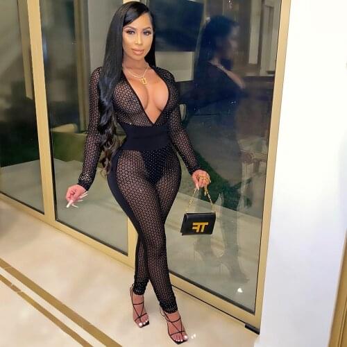 Sexy Exotic Rhinestone Jumpsuit Women Transparent See Through Sheer Romper Evening Celebrity Clubwear Nightclub Catsuit Outfits