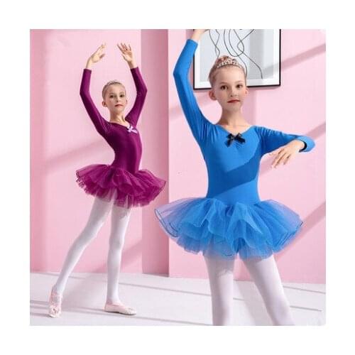 2019 Kid Girls Long Sleeve Mesh Tulle Tutu Ballet Dance Leotard Dress for Performance Girls Ballet Class Dancewear Dress