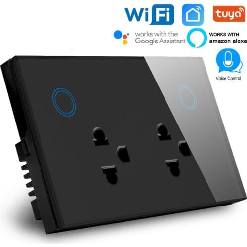 Smart 3 Pin Double WIFI Socket 10A for Thailand Touch Glass panel WIFI Outletl Voice and tuya APP control by Alexa Google