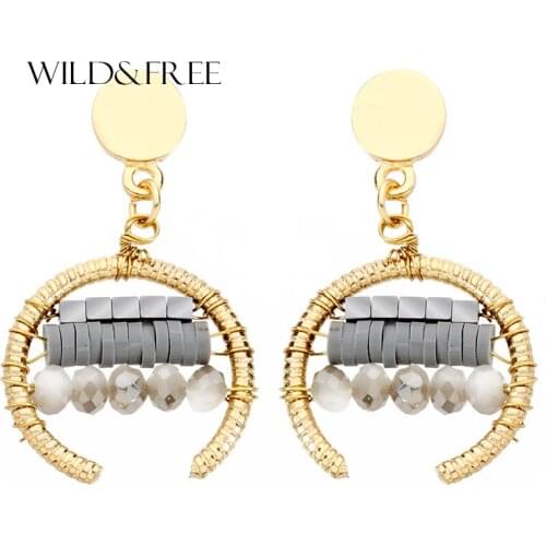 Wild&Free Brand Jewelry Round Stud Earrings For Women Fashion Handmade Glass Stone Strand Beads Stud Earring Brincos Wholesale