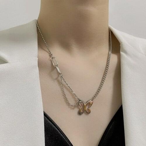 VSnow Fairy Stainless Steel Butterfly Asymmetric Pendant Necklace for Women Charming Hollow Out Chunky Chain Necklace Jewellery