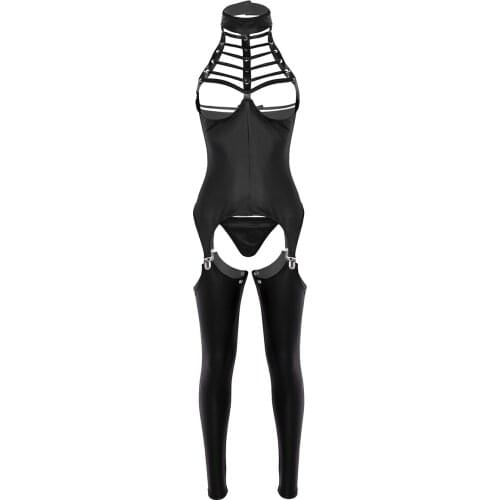 Open Bust and Crotchless Patent Leather Lingerie Set Bodysuit Outfit Women Clubwear Party Pole Dance Cosplay Costumes Outfits