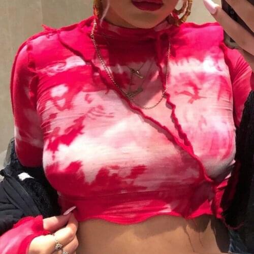 Womens Round Neck Long Sleeve Fashion Print Slim Navel T-Shirt Rose Red