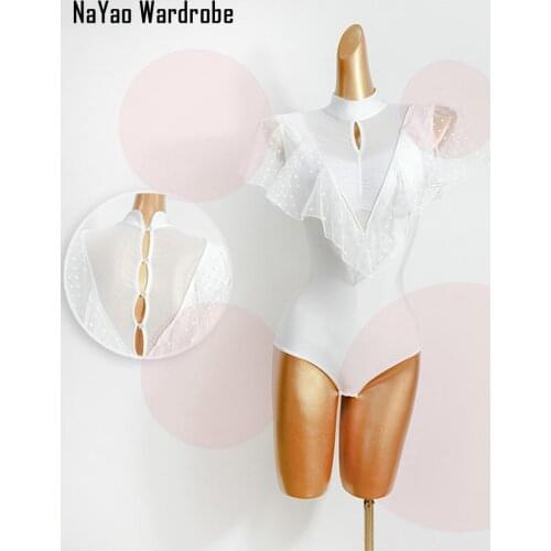 Lotus Shoulder And Dot Patchwork Neck Latin Dance Dress Women Bodysuit Practise Dance costumes for Dancing Performamnce TL593