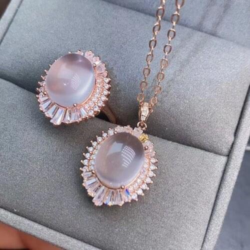 100% Real Natural Rose Quartz Jewelry set Natural And Real Rose Quartz Set 925 sterling silver 1pc ring,1pc Pendant