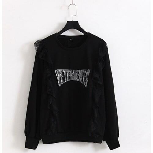 2019 Large Size Womens Spring Sweatshirt New Style Increase Korean Black Thin Lace Stitching Letters Ladies Casual Sweatshirts