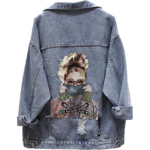 2021 Spring Autumn New Personality Bead Print Denim Jacket Women Casual Loose Short Coat Single Breasted Ladies Jeans Jackets