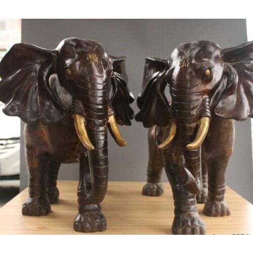 27'' China Fengshui Bronze Two elephants Sculpture Statue