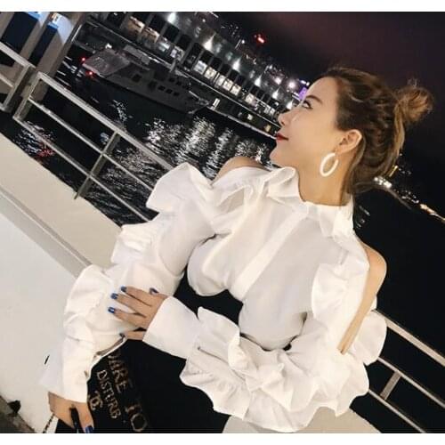 New design fashion women turn down solid color ruffles patchwork off shoulder zipper long sleeve blouse shirt tops S M L XL