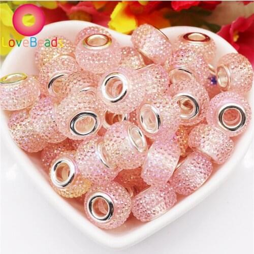10Pcs Pink Color 3D Crystal Round Rondelle Big Hole European Spacer Beads Fit Pandora Charms Bracelet Necklace Keychain Charms