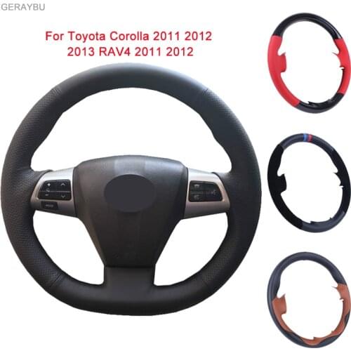 GERAYBU Custom DIY Black Artificial Leather Hand-sewn Car Steering Wheel Cover For Toyota Corolla 2011 2012 2013 RAV4 2011 2012