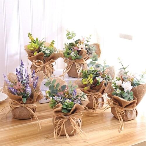 Artificial Plants Floral Flower Silk Wedding Party Bouquet Home Decor with Pot Household Decoration