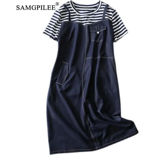 Korean Women Dresses 2021 New Fake Two-piece Striped Stitching Denim Color Short-sleeved Pocket Mid-length Summer Dress Woman