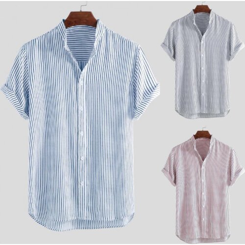 2021 Men Striped Shirt Stand Collar Summer Short Sleeve Loose Top for Party Casual Summer Streetwear Fashion Men tops