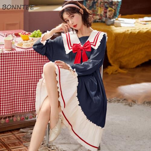 Nightgowns Women Fall Sweet Simple Loose Preppy Girls Nighty for Ladies Daily Soft Mid-Calf Long Sleeve Femme Sleepwear Ulzzang