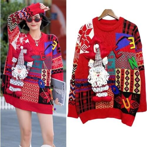 Christmas 2020 Winter Autumn Women Clothing 3D Thicken Long Sleeve Sweaters And Pullovers Loose Plaid Patchwork Plus Size Tops