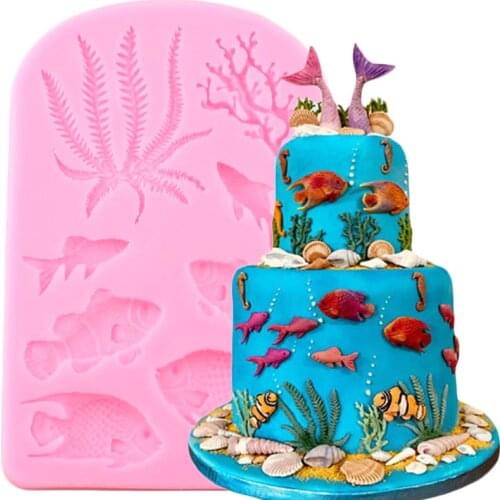 Fish Seaweed Silicone Mold DIY Cake Border Fondant Cake Decorating Tools Sea Coral Cupcake Chocolate Moulds
