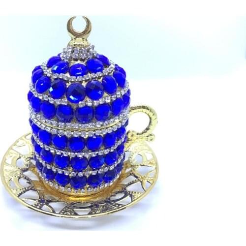 Blue Crystal Coated Turkish Coffee Cup With Saucer and Lid
