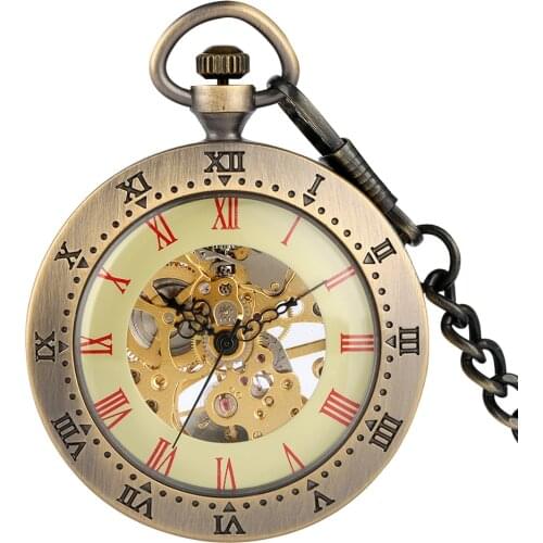 Vintage Roman Numerals Display Open Face Manual Mechanical Pocket Watch Antique Clock Gifts for Male with Bronze Pocket Chain