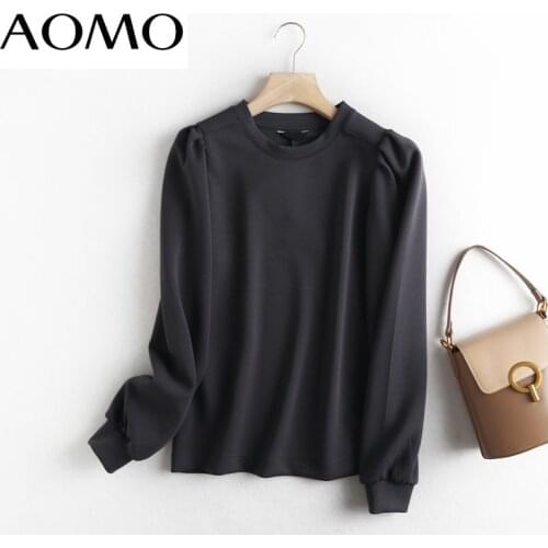 AOMO Women High Quality Gray Sweatshirts Puff Long Sleeve O Neck Loose Pullovers Female Tops 6D37A