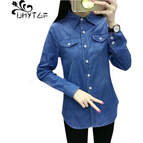 UHYTGF Student Denim Shirts Tops Spring Blouses Jacket For Women Thin Jeans Coat Long Sleeve Korean Fashion Female Clothing 156