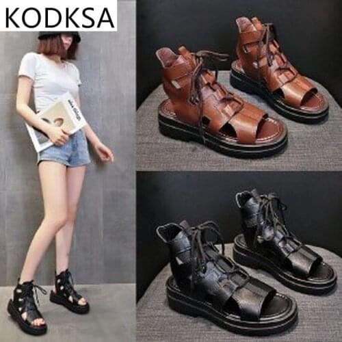 2021 Summer New Korean Style Fish Mouth Thick-soled Lace High-top Sandals Women Soft Leather Hollow Roman Beach Shoes Large Size