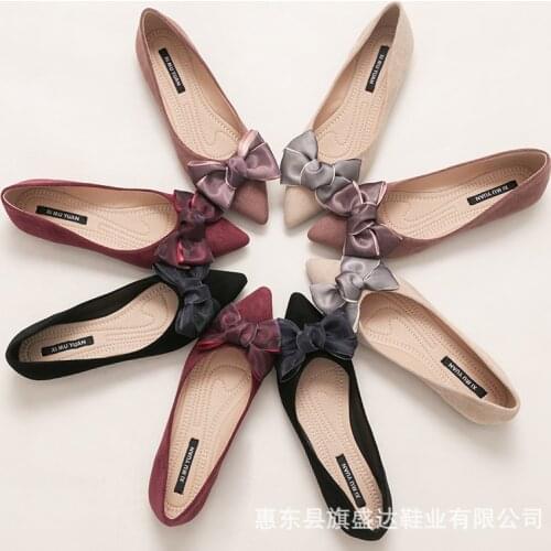 Soft Bottomed Single Shoes Ladies Mesh Bowknot Ballerina Flats Suede Leather Shoes Woman Spring Large Size 40/42 Roll-Up Ballets
