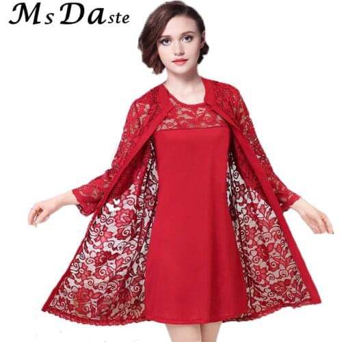Lace Dresses 2018 Spring Set 2 Pieces Women Dress: Lace Outwear+tank Dress Casual Lady Tunics Female Vestidos Robe Femme XL~4XL