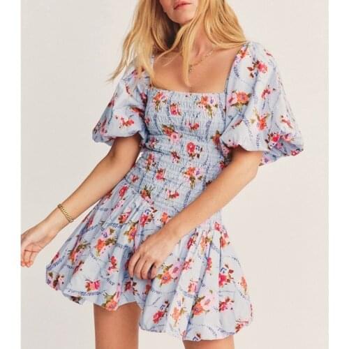 2021 Summer Holiday Beach Print Bodice Blue Floral Mini Woman Dress Asymmetrical Puff Sleeve Summer Dress Ladies Party Dress