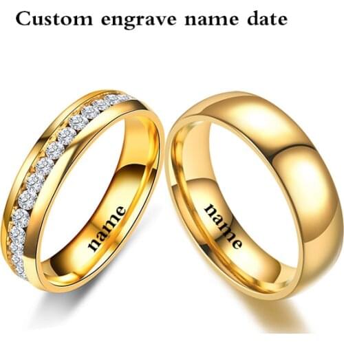 Gold Color Lover Crystal Stainless Steel Rings for Men Women Wedding Band Custom Engrave Name Charm Gift