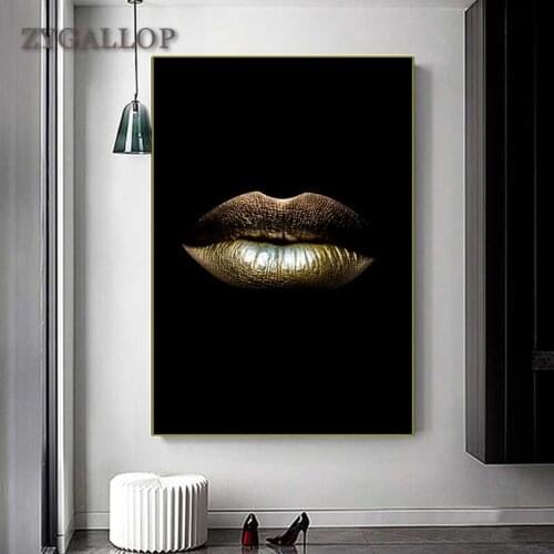 ZYGALLOP Sexy Woman Black Gold Lips Fashion Poster and Prints Light Luxury Style Home Decor Canvas Painting Living Room Wall Art