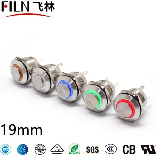 FILN 19mm 12v 24v ring led metal push button switch momentary latching switch waterproof witn 4 pins