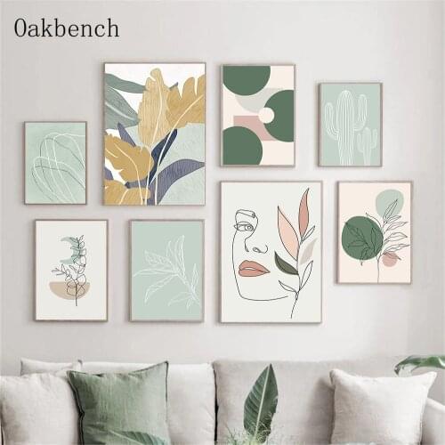 Abstract Wall Painting Line Face Art Print Leaf Cactus Canvas Poster Geometry Prints Nodic Wall Pictures For Living Room Decor