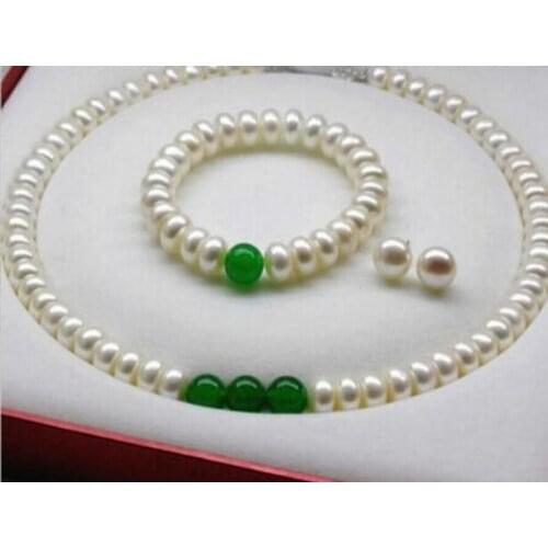 Free Shipping 9x11mm White Akoya Cultured Pearl/Green Emerald Bracelets Necklace Earring