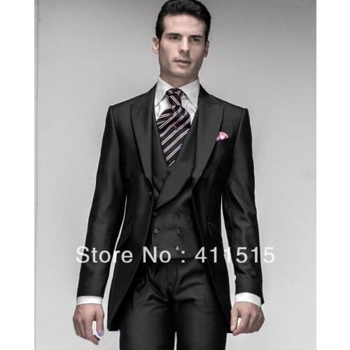 FREE SHIPPING/Black Peak Lapel Groom Tuxedos Groomsmen Men Wedding GROOM WEAR TUXEDO,CUSTOM Bridegroom SUIT/PARTY DRESS