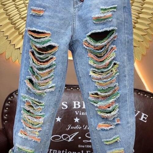 Ladies Spring New Korean Style Ripped Color Striped Denim Daddy Pants Harlan Womens Pants Cropped Trousers Mother Jeans