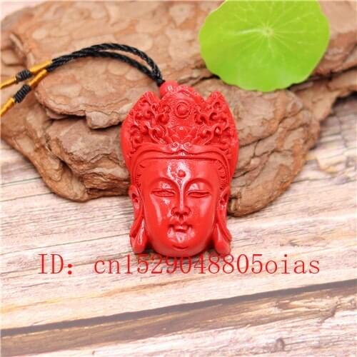 Guanyin Head Pendant Necklace Chinese Natural Red Organic Cinnabar Buddhism Amulet Charm Jewellery Fashion Woman Gifts