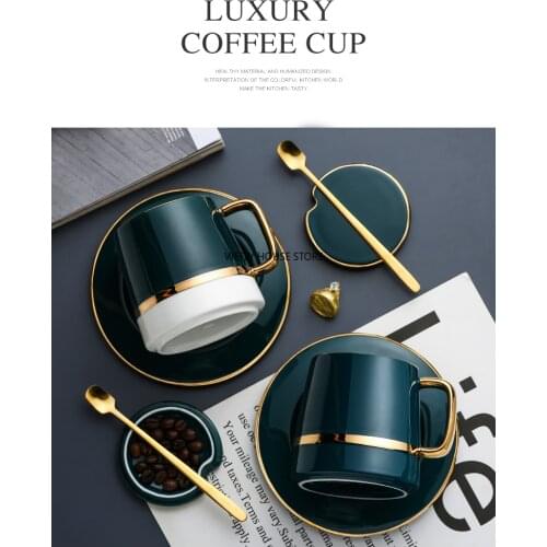 Nordic Luxury Ceramic Coffee Cup with Spoon Solid Green Minimalist Afternoon Tea Cups High Quality Cup and Saucer Set