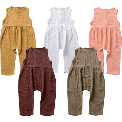 Spring New Children Girls Jumpsuits Cotton Linen PP Pants for Kids Sleeveless Toddler Girls Soft Summer Girls Trousers 1-6Y
