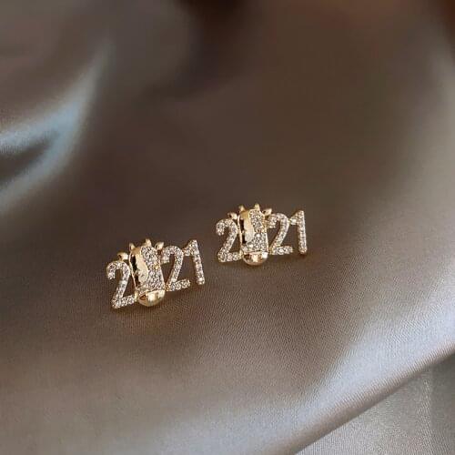 Creative Number 2021 Cow Year Wedding Earrings Cute Female White Crystal Stone Earrings Charm Gold Color Stud Earrings For Women