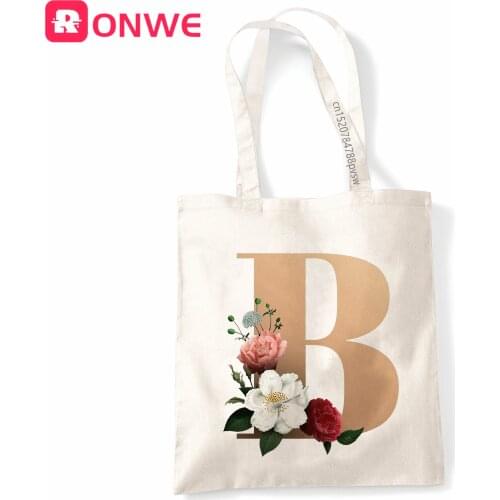 Flower letterA B C D E F Reusable Women Shopping Canvas Bag Girl Tote Eco Flower Shopper Shoulder Bags,Drop Ship
