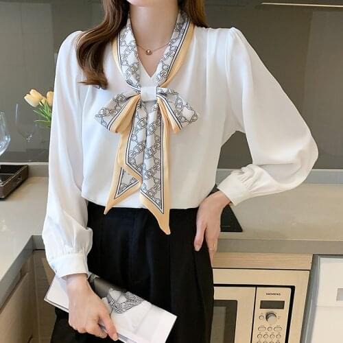 Chikichi 2021 Autumn New Korean Fashion V-neck Long-sleeved Shirt Office Lady Commuter Bow Pink Top Women Shirts Blouses