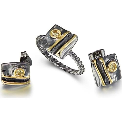 New Arrive Geometric Square Ring + Earrings Set For Women Black gold color Necklace Earring set Wedding Party Gift Dropshipping