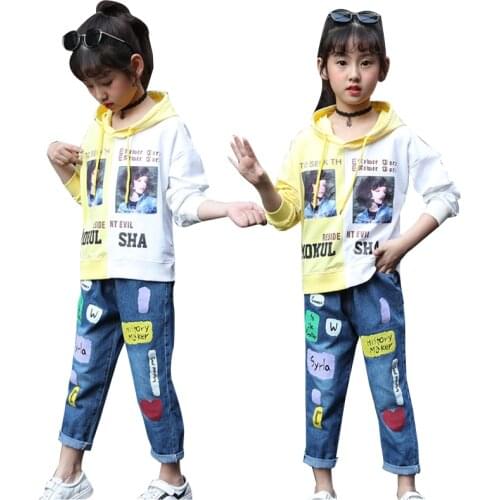 Autumn Girl Clothing Set Kids Girls Clothes Letter Hoodie+Print Jeans 2pcs Outfit Suit Chilren Sports Tracksuit For 10 12 Year