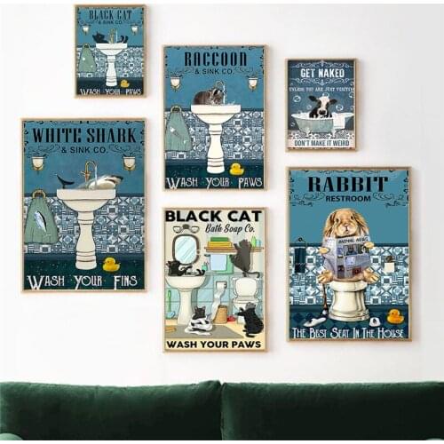 Black Cat Raccoon Shark Rabbit Posters HD Print Funny Animals Canvas Paintings Nordic Wall Art Bathroom Toilet Decor Pictures