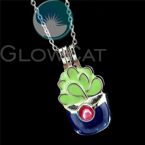 R-K992 Colors Enamel Green Potted Plant Beads Cage Pendant Essential Oil Diffuser Pearl Cage Locket Necklace